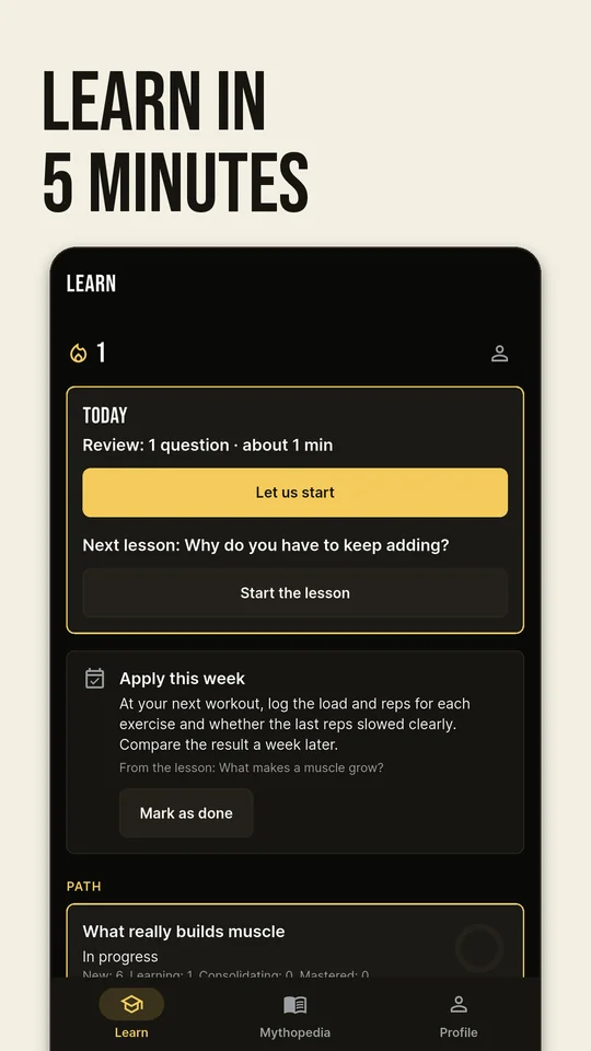 Learn in 5 minutes: Learn screen with lessons and reviews