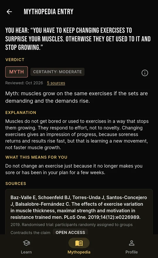 Myth card: MYTH verdict, certainty of evidence and scientific sources