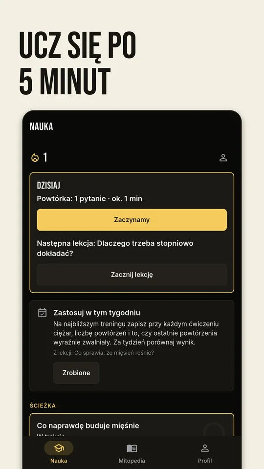 Ucz się po 5 minut: ekran Nauka z lekcjami i powtórkami