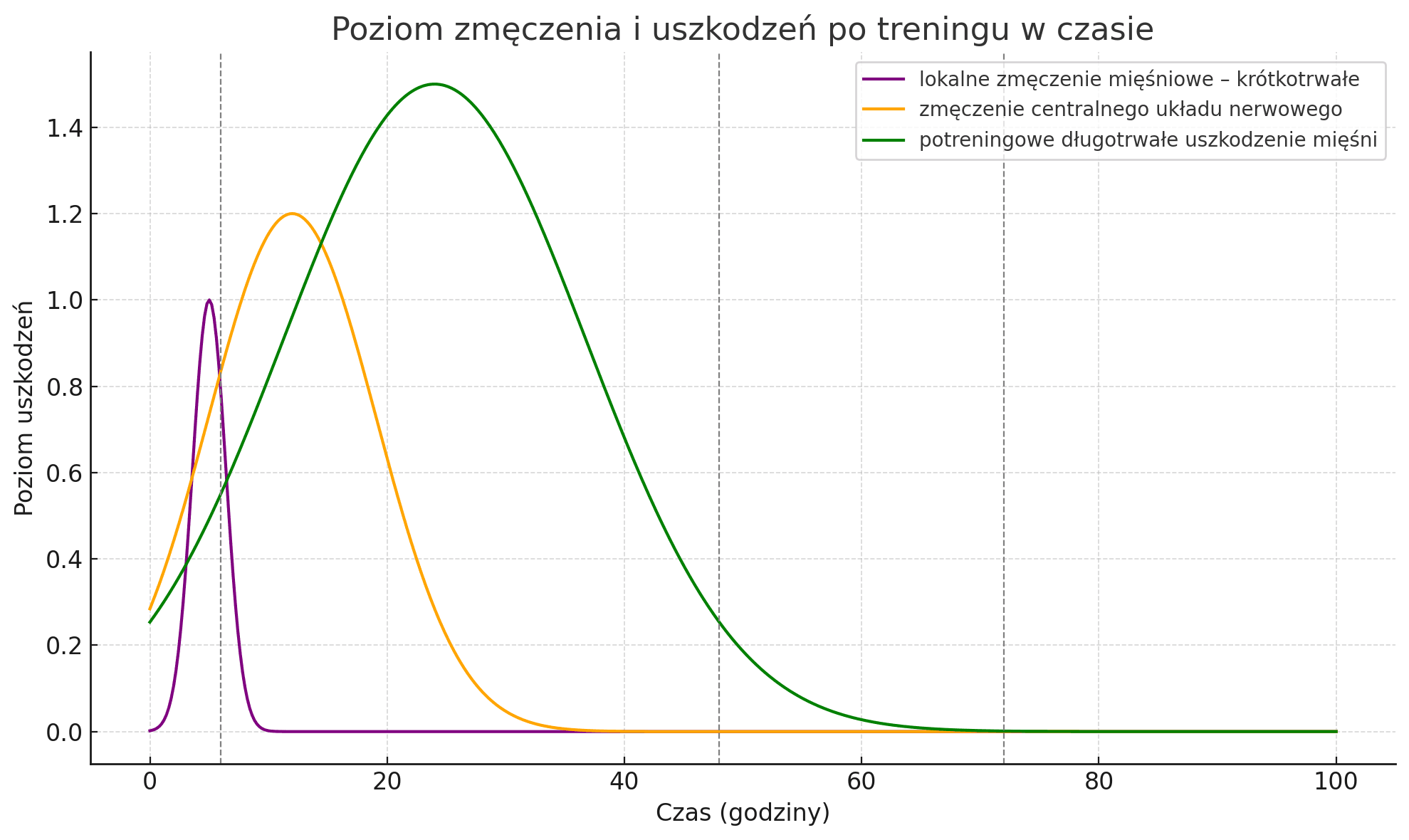 Wykres przedstawiający zmiany poziomu uszkodzeń mięśni i układu nerwowego w czasie po treningu. Trzy linie oznaczają: fioletowa – krótkotrwałe lokalne zmęczenie mięśniowe (szczyt około 6 godzin), pomarańczowa – zmęczenie centralnego układu nerwowego (szczyt około 12 godzin, spadek do 48 godzin), zielona – długotrwałe uszkodzenia mięśniowe (szczyt około 24 godzin, utrzymujące się do 72 godzin). Oś pozioma pokazuje czas w godzinach, oś pionowa poziom zmęczenia lub uszkodzeń.