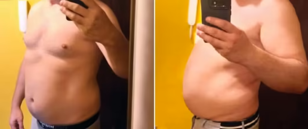 Sylwetka podopiecznego przed i po redukcji 13,9 kg w cztery miesiące treningów personalnych w Lublinie