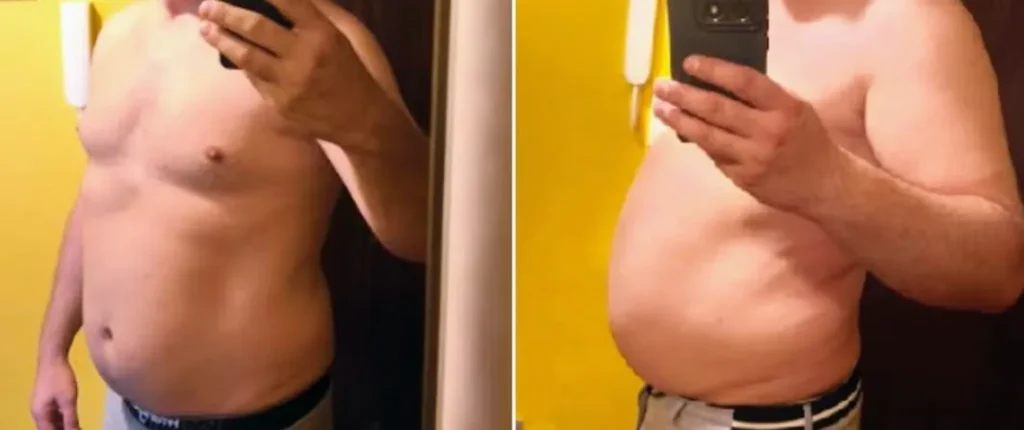 Sylwetka podopiecznego przed i po redukcji 13,9 kg w cztery miesiące treningów personalnych w Lublinie
