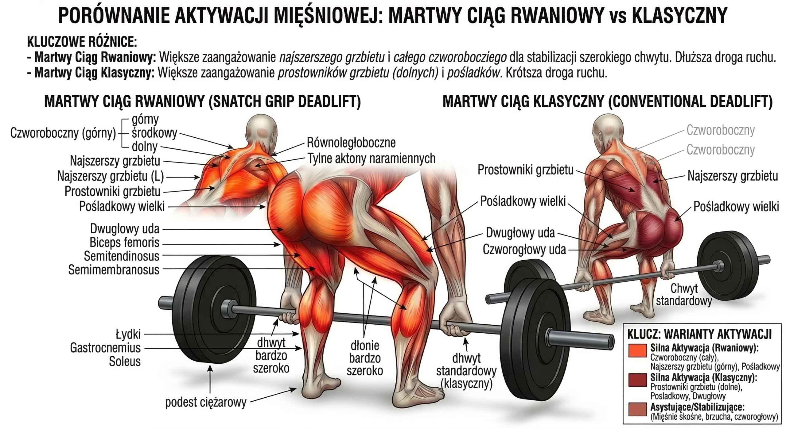 zaangażowanie mieśni w martwym ciągu rwaniowym i klasycznym