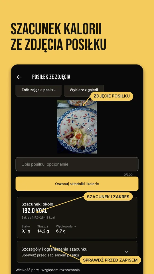 Szacunek kalorii ze zdjęcia posiłku: zdjęcie talerza, szacunek z zakresem i uwaga o sprawdzeniu przed zapisem
