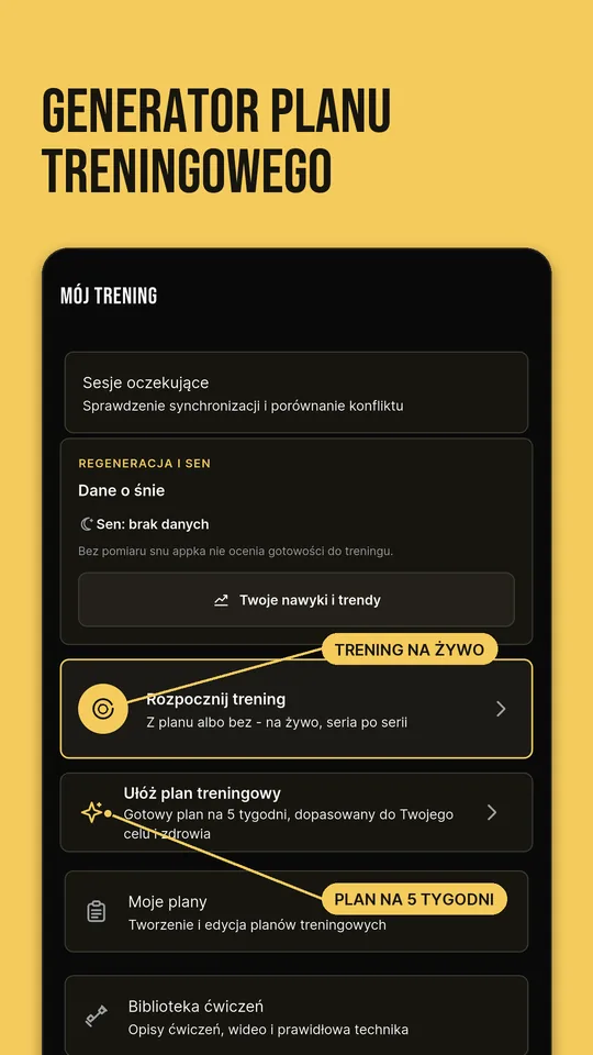 Generator planu treningowego: ekran Mój trening z treningiem na żywo i planem na 5 tygodni
