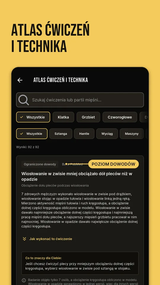 Atlas ćwiczeń i technika: wyszukiwarka, filtry partii i sprzętu oraz poziom dowodów