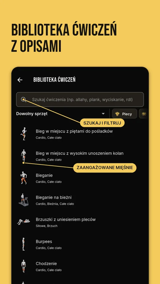 Biblioteka ćwiczeń z opisami: wyszukiwanie, filtry i zaangażowane mięśnie