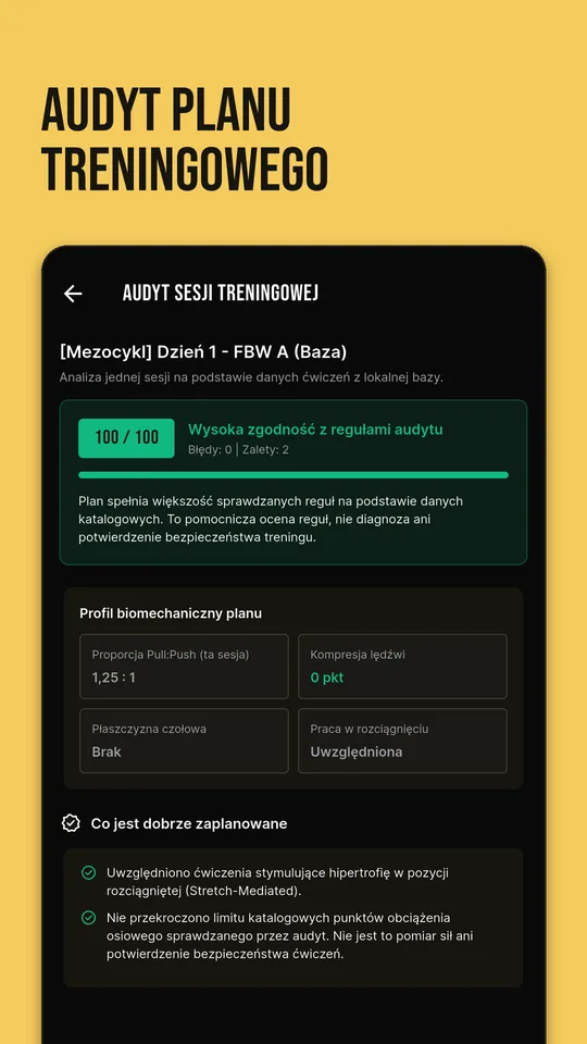 Audyt planu treningowego: pomocnicza ocena zgodności sesji z regułami audytu i profil biomechaniczny planu