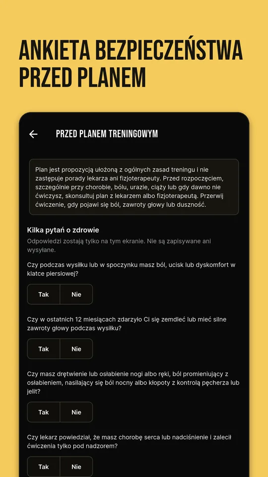 Ankieta bezpieczeństwa przed planem: pytania o zdrowie z odpowiedzią Tak lub Nie
