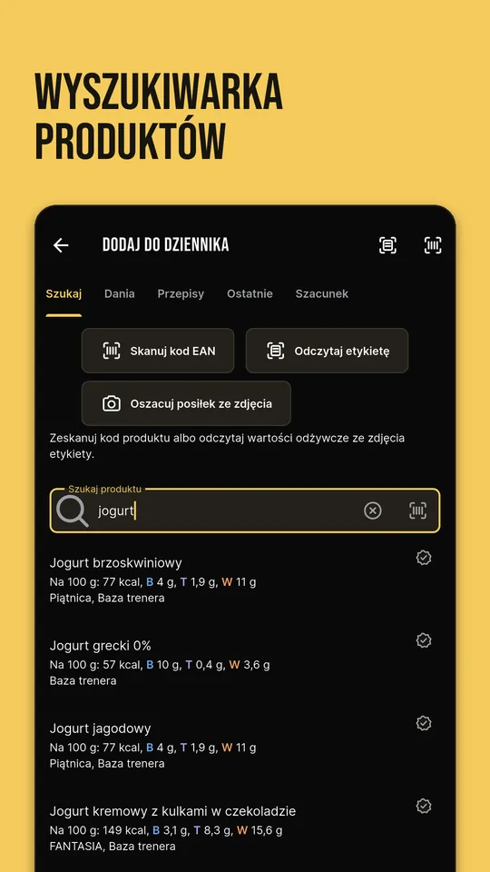 Wyszukiwarka produktów: skanowanie kodu EAN, odczyt etykiety i wyniki z wartościami na 100 g
