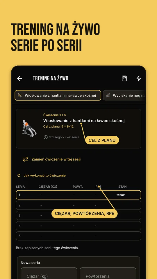Trening na żywo serie po serii: cel z planu, tabela serii z ciężarem, powtórzeniami i RPE