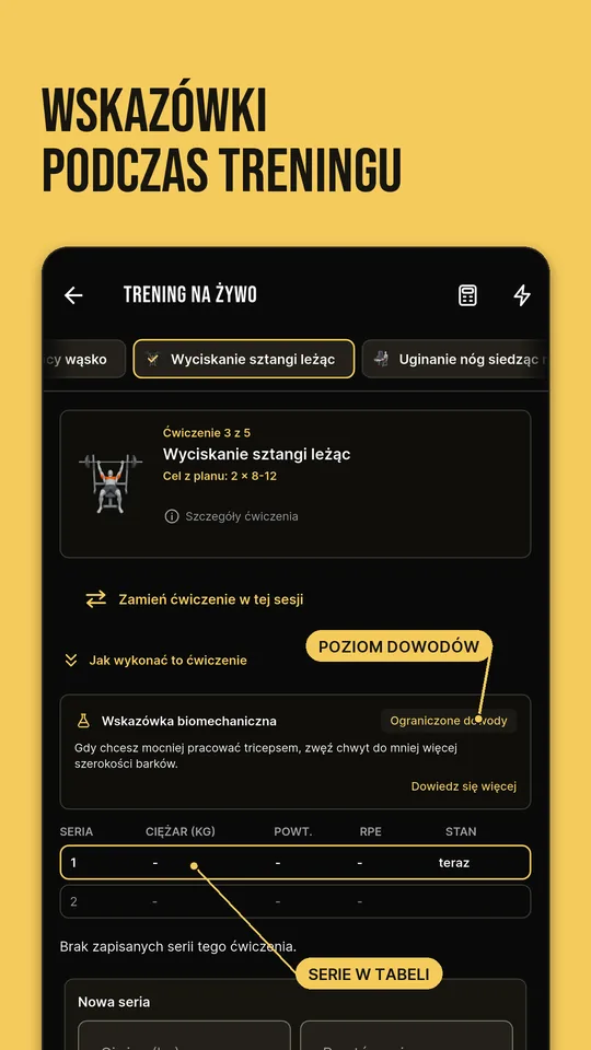Wskazówki podczas treningu: wskazówka biomechaniczna z poziomem dowodów nad tabelą serii